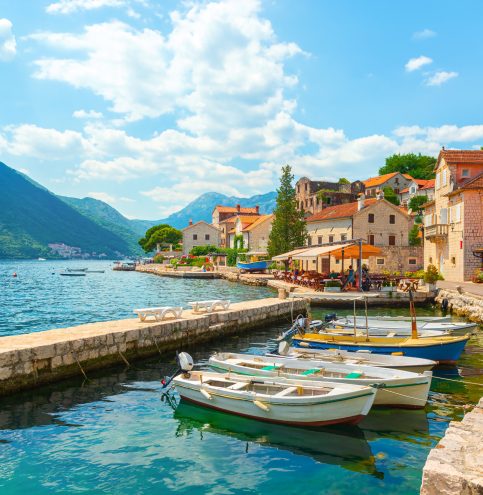 Historic town of Perast at Bay of Kotor in summer, Montenegro